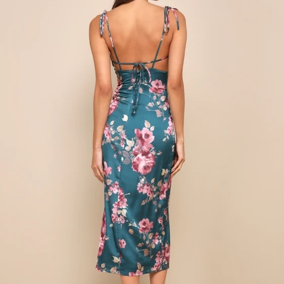 NWOT✨ Lulu’s Fleur-ty Behavior Teal Floral Satin Tie-Strap Midi Dress Size L - Picture 2 of 5